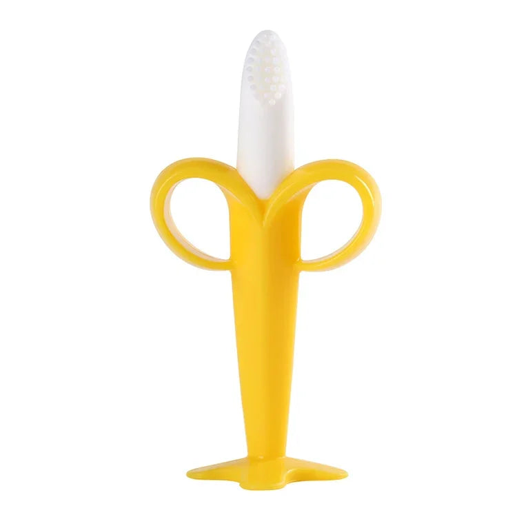 3 Stück Baby-Silikon-Trainingszahnbürste Bananenform Sichere Kleinkind-Beißring-Kauspielzeuge Zahnungshilfe Geschenk für Säuglinge, Gelb-B