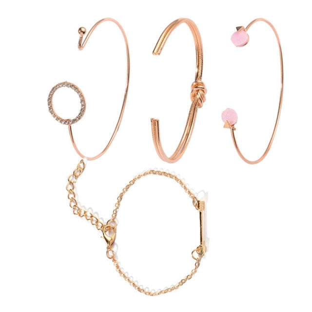 4 Stück/Set Pfeil Mehrschichtig Offenes Verstellbares Rundes Kristall-Armband-Set für Damen, Gold, Silber