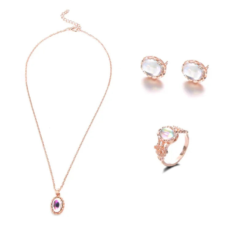 Damen Opal Halskette Ohrringe Ring Kristall Schmuckset