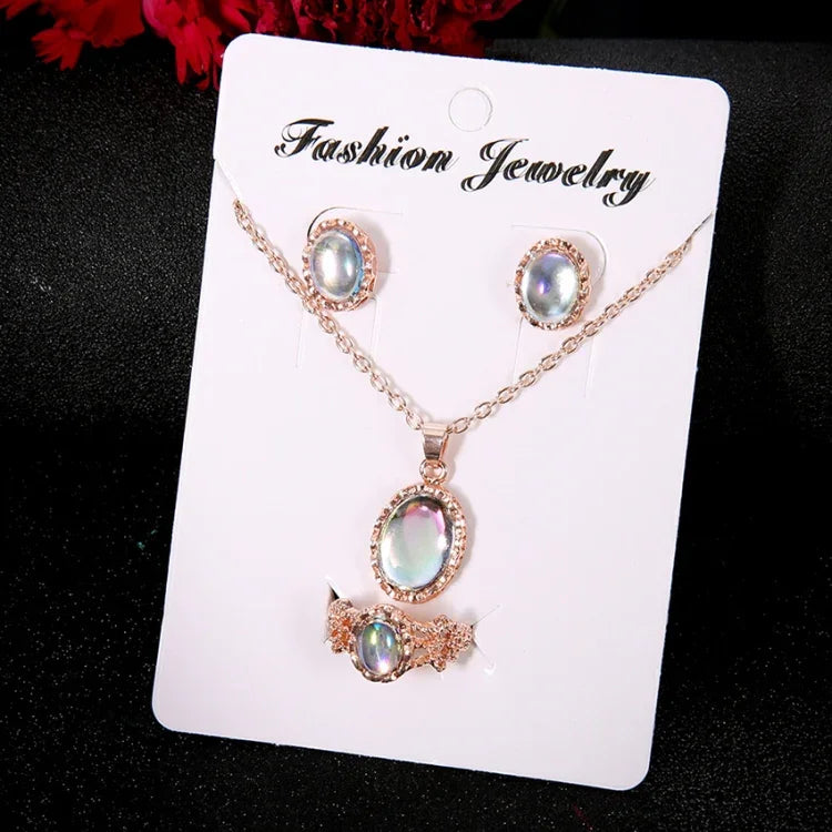 Damen Opal Halskette Ohrringe Ring Kristall Schmuckset