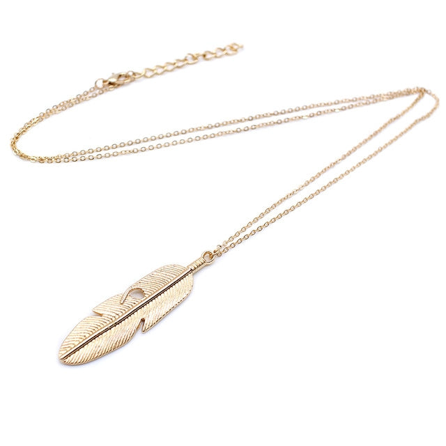 Schlichte klassische Anhänger-Halskette Feder-Halskette Lange Pulloverkette Schmuck Choker-Halskette für Damen, Gold, Silber