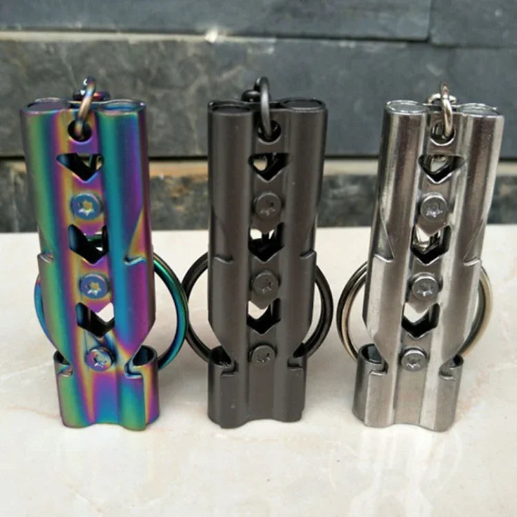 Outdoor Edelstahl-Überlebenspfeife mit zwei Röhren, hohem Dezibelwert und Selbstschutzfunktion, mit Schlüsselring, Pfeife (Silber), Pfeife (Titan)