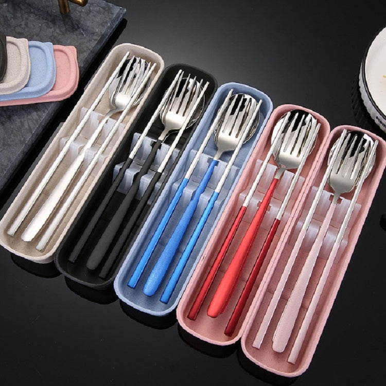 3 Stücke / Set Tragbares Edelstahl Besteck Kreativ Set Essstäbchen Löffel Gabel Geschenk, Stahl, Schwarz, Pink, Rot, Blau