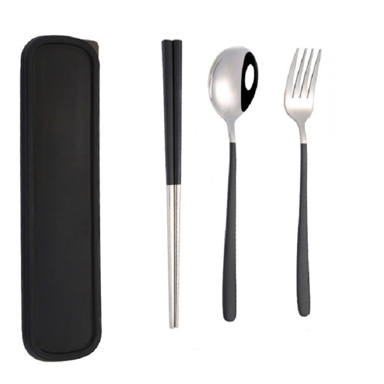 3 Stücke / Set Tragbares Edelstahl Besteck Kreativ Set Essstäbchen Löffel Gabel Geschenk, Stahl, Schwarz, Pink, Rot, Blau