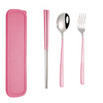 3 Stücke / Set Tragbares Edelstahl Besteck Kreativ Set Essstäbchen Löffel Gabel Geschenk, Stahl, Schwarz, Pink, Rot, Blau