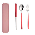 3 Stücke / Set Tragbares Edelstahl Besteck Kreativ Set Essstäbchen Löffel Gabel Geschenk, Stahl, Schwarz, Pink, Rot, Blau