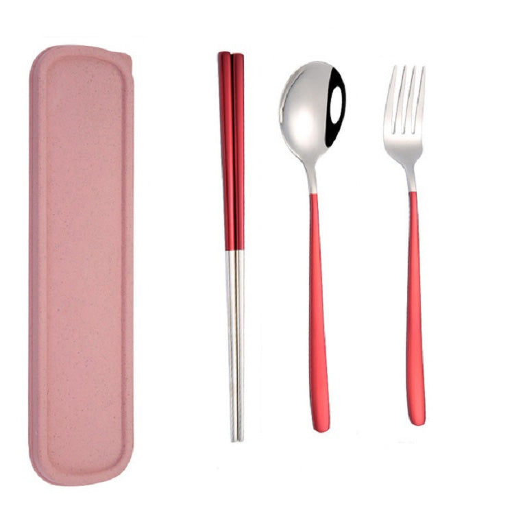 3 Stücke / Set Tragbares Edelstahl Besteck Kreativ Set Essstäbchen Löffel Gabel Geschenk, Stahl, Schwarz, Pink, Rot, Blau