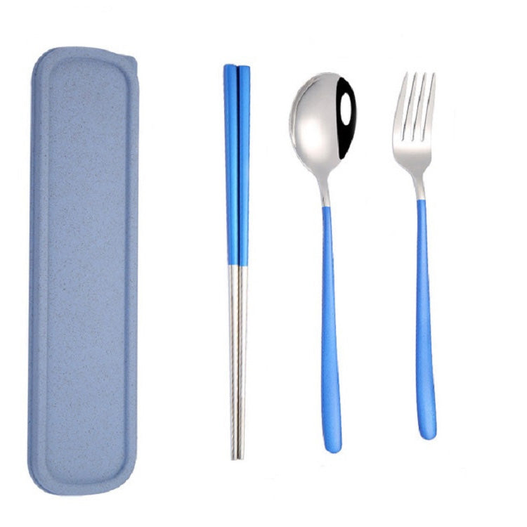 3 Stücke / Set Tragbares Edelstahl Besteck Kreativ Set Essstäbchen Löffel Gabel Geschenk, Stahl, Schwarz, Pink, Rot, Blau