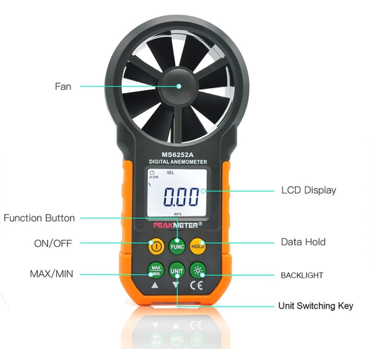 PEAKMETER hochpräzises Digitalanzeige Windgeschwindigkeit Luftvolumen Messgerät, MS6252A Windgeschwindigkeit, Luftvolumen, MS6252B Temperatur, Feuchtigkeit, USB