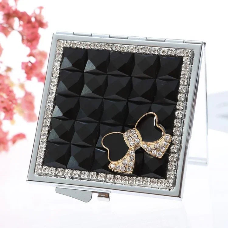 Handgefertigter, diamantbesetzter Mini-Kosmetikspiegel zum Zusammenklappen, tragbarer Spiegel, doppelseitiger Edelsteinbogen