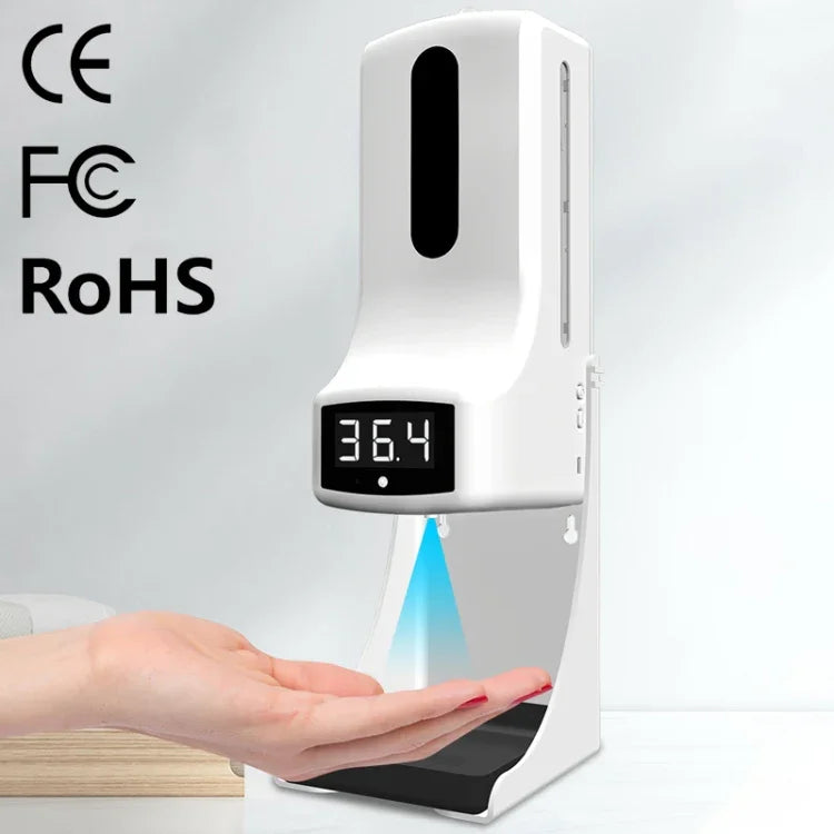 K9 Pro Berührungsloses, Freisprech-Thermomenter mit lichtempfindlichem Abstandssensor + 1000ml Automatischer Berührungsloser Flüssigseifenspender mit Standfuß, K9 Pro