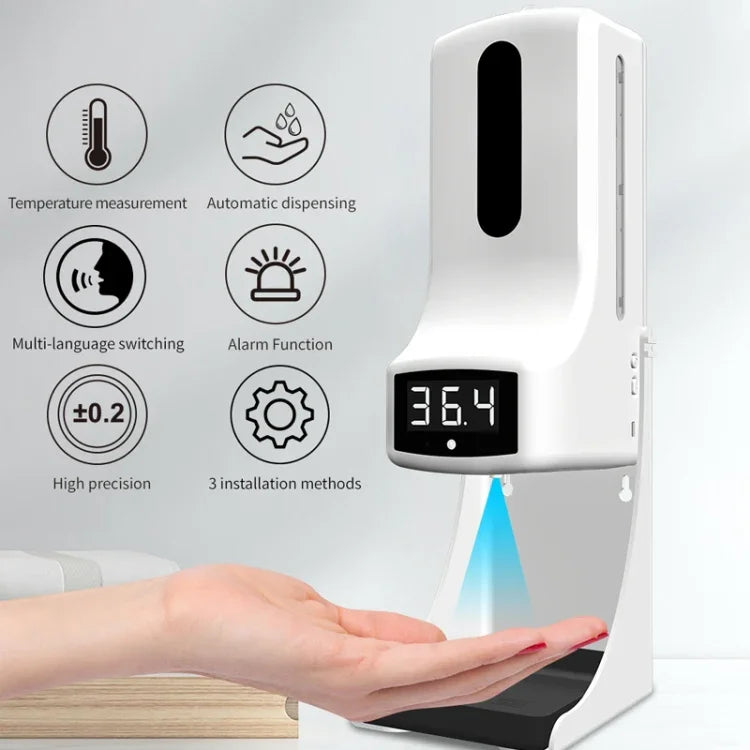 K9 Pro Berührungsloses, Freisprech-Thermomenter mit lichtempfindlichem Abstandssensor + 1000ml Automatischer Berührungsloser Flüssigseifenspender mit Standfuß, K9 Pro