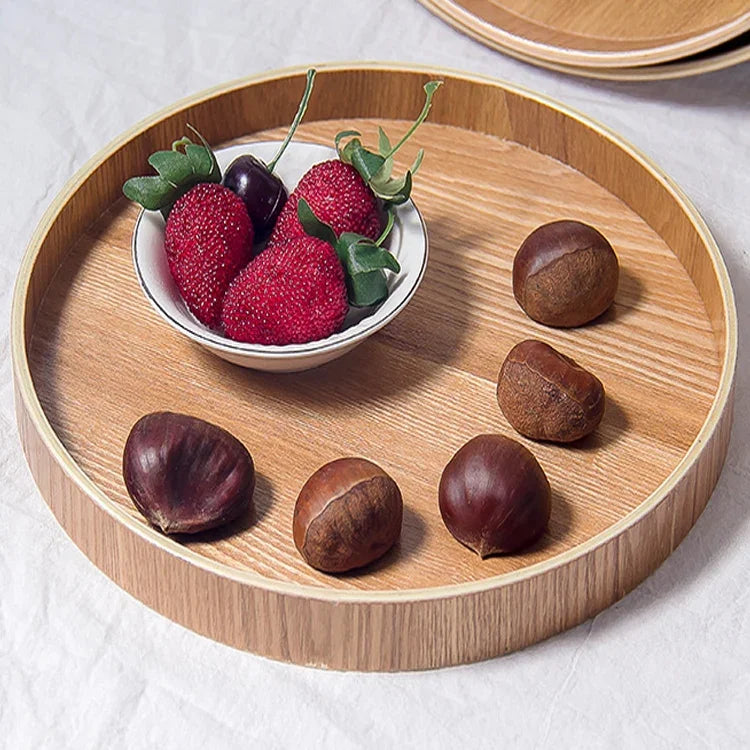 Rundes, kreatives Teetablett aus Massivholz, ideal für Hotels, Durchmesser: 37,5 cm, Holzfarbe: Holzfarbe