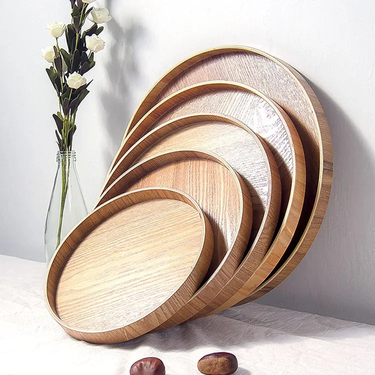 Rundes, kreatives Teetablett aus Massivholz, ideal für Hotels, Durchmesser: 37,5 cm, Holzfarbe: Holzfarbe