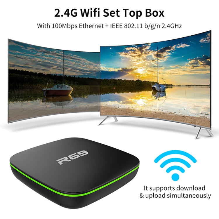 R69 1080P HD Smart TV BOX Android 4.4 Mediaplayer mit Fernbedienung, Quad-Core Allwinner H3, RAM: 1GB, ROM: 8GB, 2.4G WiFi, LAN, EU-Stecker, 1GB+8GB