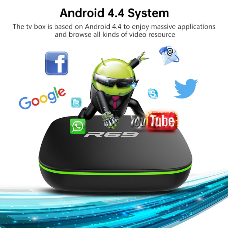 R69 1080P HD Smart TV BOX Android 4.4 Mediaplayer mit Fernbedienung, Quad-Core Allwinner H3, RAM: 1GB, ROM: 8GB, 2.4G WiFi, LAN, EU-Stecker, 1GB+8GB