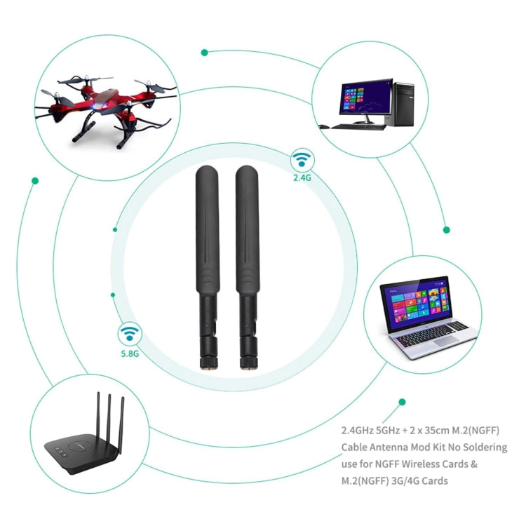 2 x 6dBi 2.4GHz 5GHz Dual Band WiFi RP-SMA Male Antenna + 2 x 35CM RP-SMA IPEX MHF4 Pigtail Cable for M.2 NGFF WiFi WLAN Card, 6dBi Antenna + RP-SMA Cable