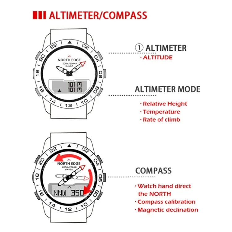 North Edge GAVIA Herren Outdoor Sport 50m Wasserdichte Smart Digitaluhr Taucheruhr, Unterstützt Barometer & Schrittzähler, GAVIA