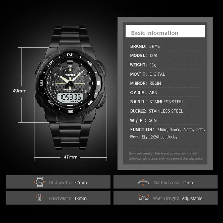 SKMEI 1370 Multifunktionale Herren Outdoor-Sportuhr mit Nachlicht Wasserdicht Edelstahl Digital-Armbanduhr, SKMEI 1370