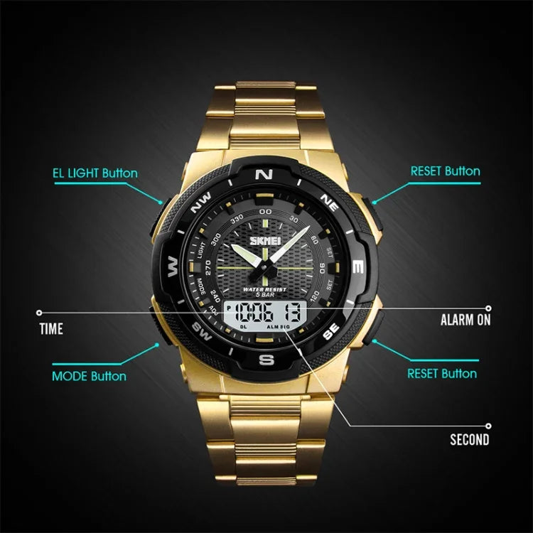 SKMEI 1370 Multifunktionale Herren Outdoor-Sportuhr mit Nachlicht Wasserdicht Edelstahl Digital-Armbanduhr, SKMEI 1370