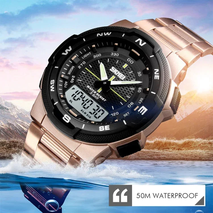 SKMEI 1370 Multifunktionale Herren Outdoor-Sportuhr mit Nachlicht Wasserdicht Edelstahl Digital-Armbanduhr, SKMEI 1370