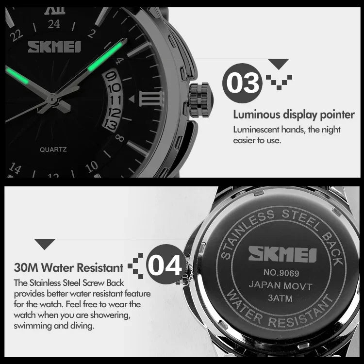 SKMEI 9069 Multifunctional Outdoor Fashion Business Waterproof Silver Shell Quartz Wrist Watch