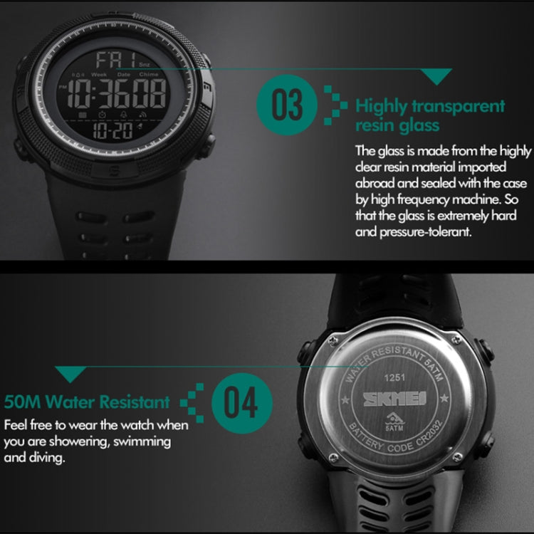 SKMEI 1251 Herren Modische Outdoor 50m Wasserdichte Sportuhr Digitaluhr mit PU-Armband