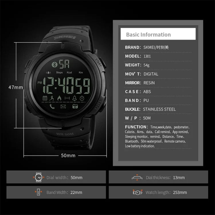 SKMEI 1301 Multifunktions 50m Wasserdichte Sport-Bluetooth Smartwatch, Kompatibel mit Android & iOS System