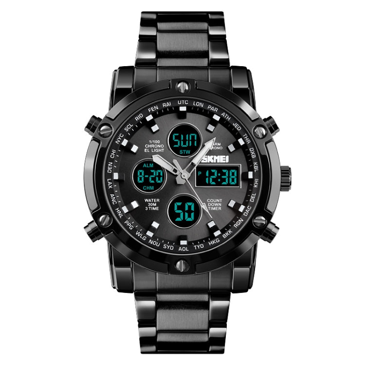 SKMEI 1389 Multifunktionale Business-Digitaluhr für Herren, 30m wasserdicht, großes Zifferblatt, Armbanduhr mit Edelstahlarmband, 1389 Schwarz, 1389 Blau, 1389 Silber
