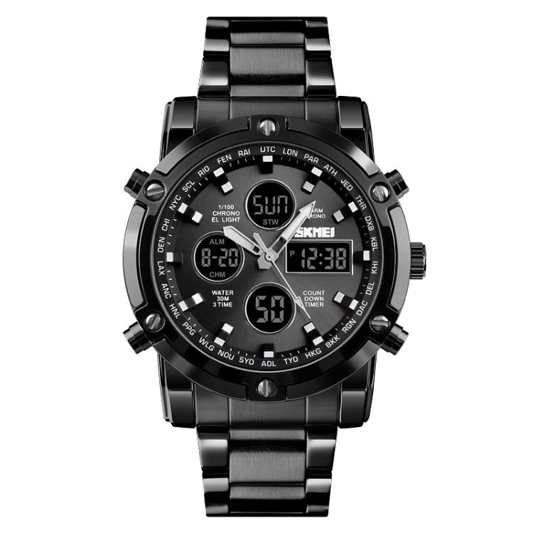 SKMEI 1389 Multifunktionale Business-Digitaluhr für Herren, 30m wasserdicht, großes Zifferblatt, Armbanduhr mit Edelstahlarmband, 1389 Schwarz, 1389 Blau, 1389 Silber