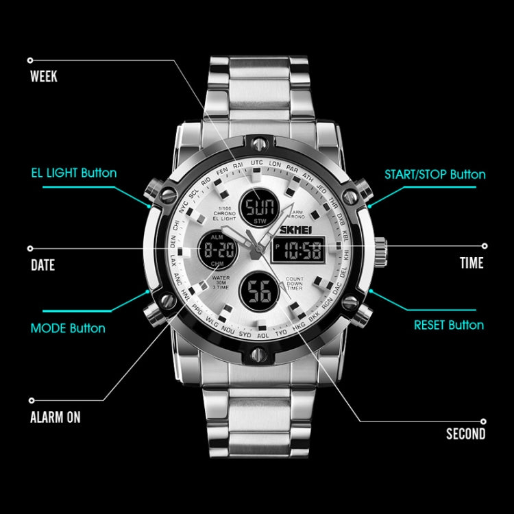 SKMEI 1389 Multifunktionale Business-Digitaluhr für Herren, 30m wasserdicht, großes Zifferblatt, Armbanduhr mit Edelstahlarmband, 1389 Schwarz, 1389 Blau, 1389 Silber