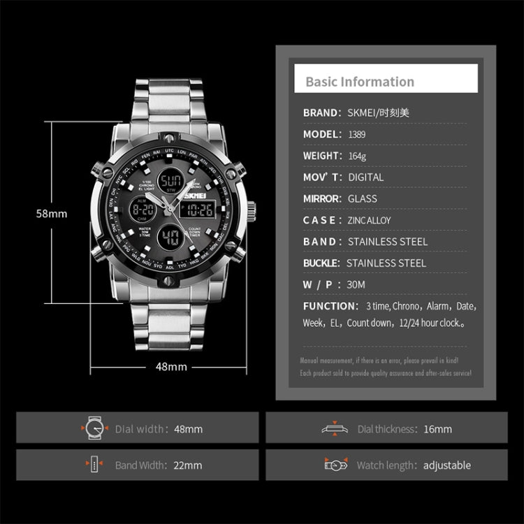 SKMEI 1389 Multifunktionale Business-Digitaluhr für Herren, 30m wasserdicht, großes Zifferblatt, Armbanduhr mit Edelstahlarmband, 1389 Schwarz, 1389 Blau, 1389 Silber