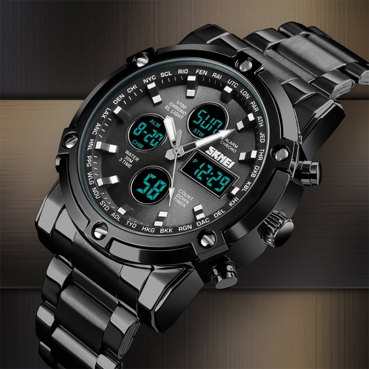 SKMEI 1389 Multifunktionale Business-Digitaluhr für Herren, 30m wasserdicht, großes Zifferblatt, Armbanduhr mit Edelstahlarmband, 1389 Schwarz, 1389 Blau, 1389 Silber