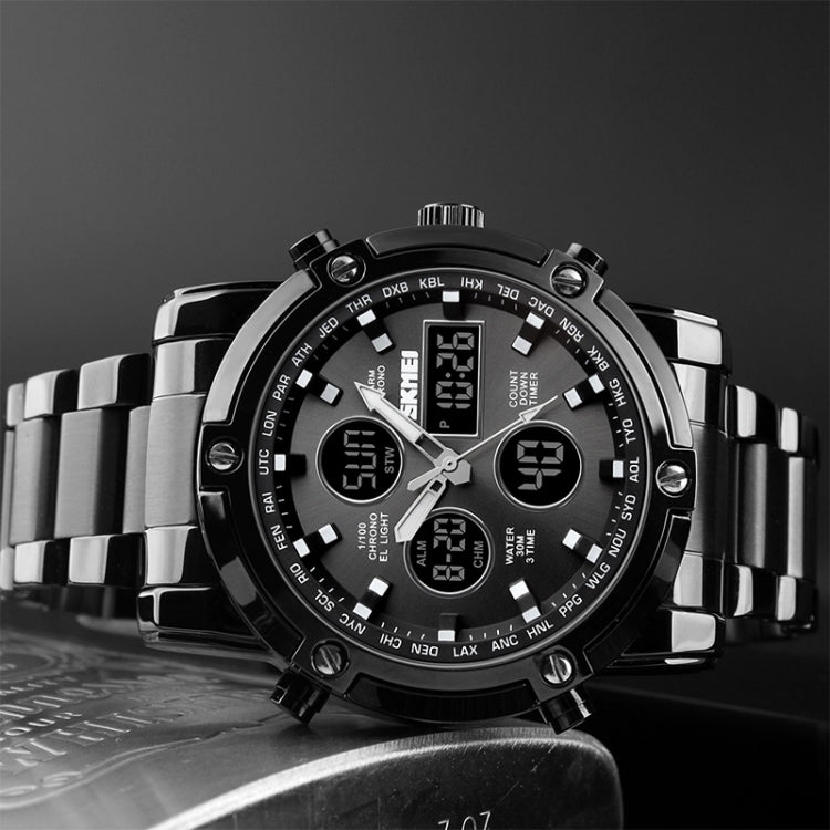 SKMEI 1389 Multifunktionale Business-Digitaluhr für Herren, 30m wasserdicht, großes Zifferblatt, Armbanduhr mit Edelstahlarmband, 1389 Schwarz, 1389 Blau, 1389 Silber
