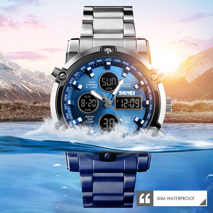 SKMEI 1389 Multifunktionale Business-Digitaluhr für Herren, 30m wasserdicht, großes Zifferblatt, Armbanduhr mit Edelstahlarmband, 1389 Schwarz, 1389 Blau, 1389 Silber