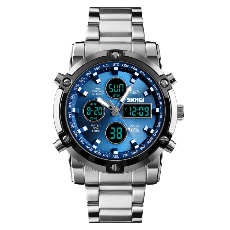 SKMEI 1389 Multifunktionale Business-Digitaluhr für Herren, 30m wasserdicht, großes Zifferblatt, Armbanduhr mit Edelstahlarmband, 1389 Schwarz, 1389 Blau, 1389 Silber