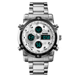 SKMEI 1389 Multifunktionale Business-Digitaluhr für Herren, 30m wasserdicht, großes Zifferblatt, Armbanduhr mit Edelstahlarmband, 1389 Schwarz, 1389 Blau, 1389 Silber
