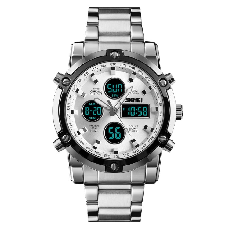 SKMEI 1389 Multifunktionale Business-Digitaluhr für Herren, 30m wasserdicht, großes Zifferblatt, Armbanduhr mit Edelstahlarmband, 1389 Schwarz, 1389 Blau, 1389 Silber