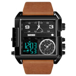 SKMEI 1391 Multifunktionale Business-Digitaluhr für Herren, 30 m wasserdicht, quadratisches Zifferblatt, Armbanduhr mit Lederarmband