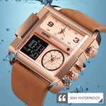 SKMEI 1391 Multifunktionale Business-Digitaluhr für Herren, 30 m wasserdicht, quadratisches Zifferblatt, Armbanduhr mit Lederarmband