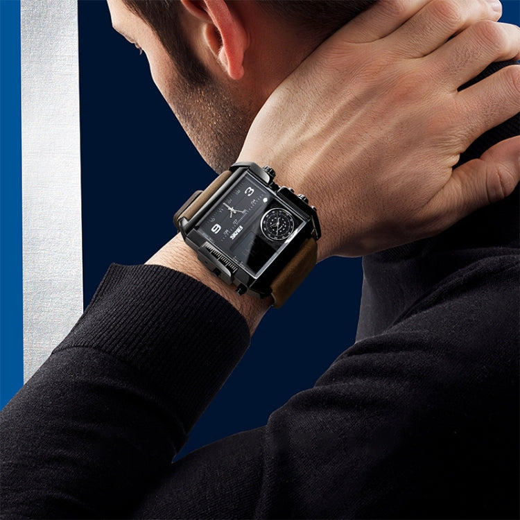 SKMEI 1391 Multifunktionale Business-Digitaluhr für Herren, 30 m wasserdicht, quadratisches Zifferblatt, Armbanduhr mit Lederarmband