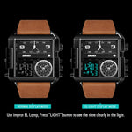 SKMEI 1391 Multifunktionale Business-Digitaluhr für Herren, 30 m wasserdicht, quadratisches Zifferblatt, Armbanduhr mit Lederarmband