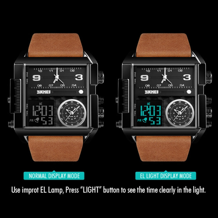 SKMEI 1391 Multifunktionale Business-Digitaluhr für Herren, 30 m wasserdicht, quadratisches Zifferblatt, Armbanduhr mit Lederarmband
