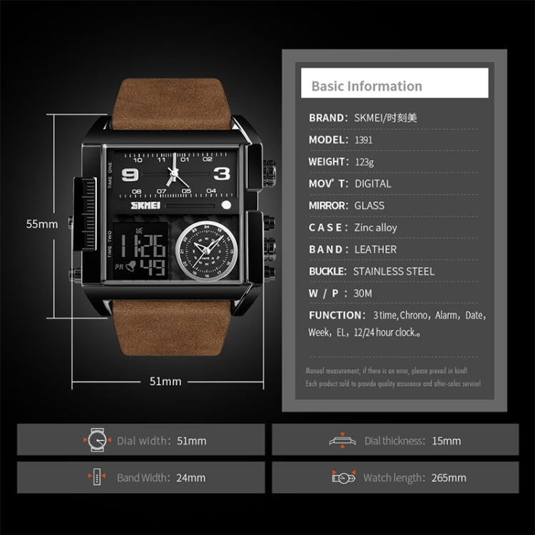 SKMEI 1391 Multifunktionale Business-Digitaluhr für Herren, 30 m wasserdicht, quadratisches Zifferblatt, Armbanduhr mit Lederarmband
