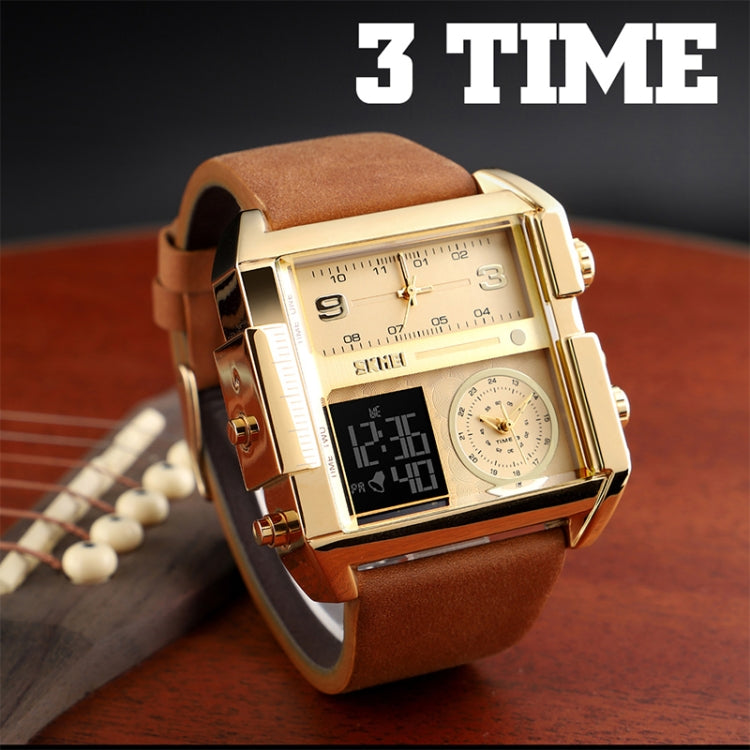 SKMEI 1391 Multifunktionale Business-Digitaluhr für Herren, 30 m wasserdicht, quadratisches Zifferblatt, Armbanduhr mit Lederarmband