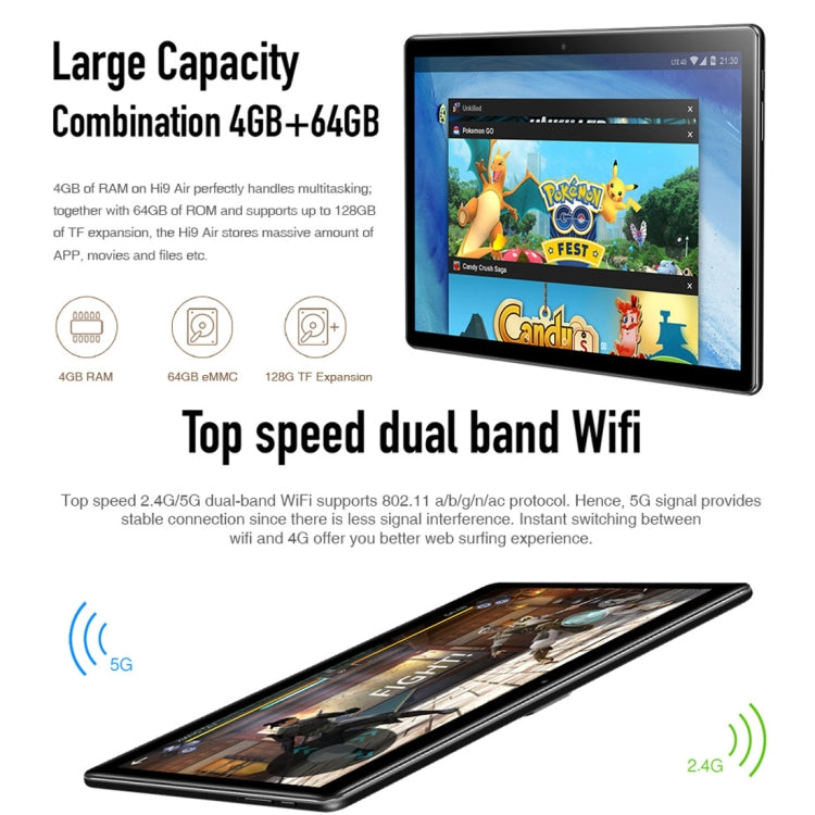 Android 8.0, MTK (Helio X27) Deca Core bis zu 2,1 GHz, unterstützt OTG, FM, Bluetooth, Dual-Band-WLAN, Netzwerk: 4G, Hi9 Air 4GB+64GB