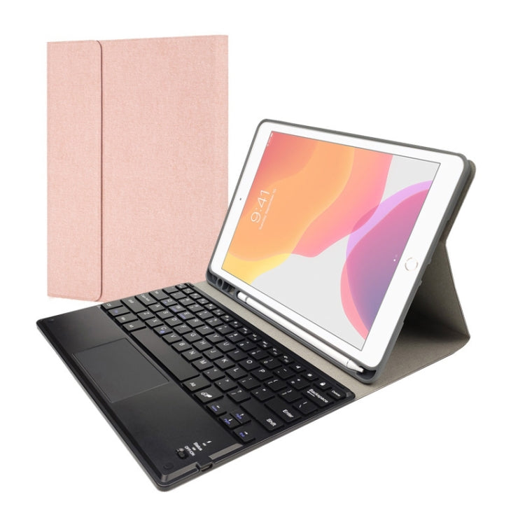RK102C Abnehmbare magnetische Kunststoff-Bluetooth-Tastatur mit Touchpad + Seidenmuster TPU-Tablet-Hülle für iPad 10,2, mit Stifthalter & Ständer, RK102C