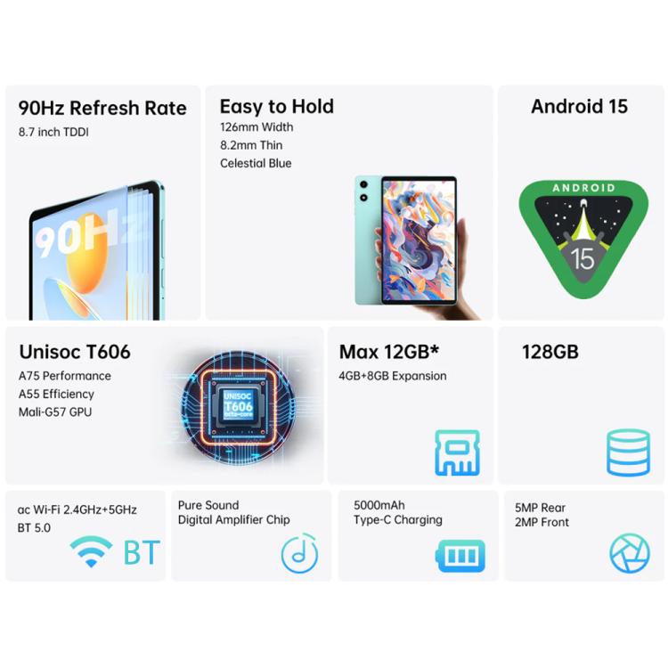 Teclast P50 Mini WiFi Tablet PC, 4GB+128GB, 8,7 Zoll Android 15 Unisoc T606 Octa Core, P50 Mini
