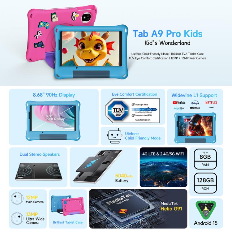 Ulefone Tab A10 Pro Kids Tablet PC, 6GB+128GB, 8.68 Zoll Android 15 MediaTek Helio G91 Octa Core 4G Netzwerk, EU-Stecker