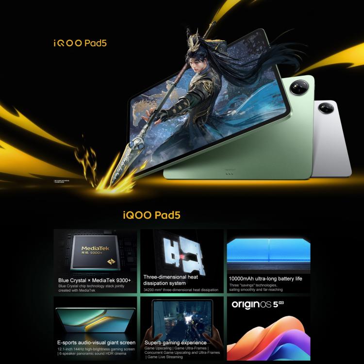 iQOO Pad5 12,1 Zoll Tablet-PC, 8GB+256GB, OriginOS 5 MediaTek Dimensity 9300+ Octa Core, 8GB+256GB